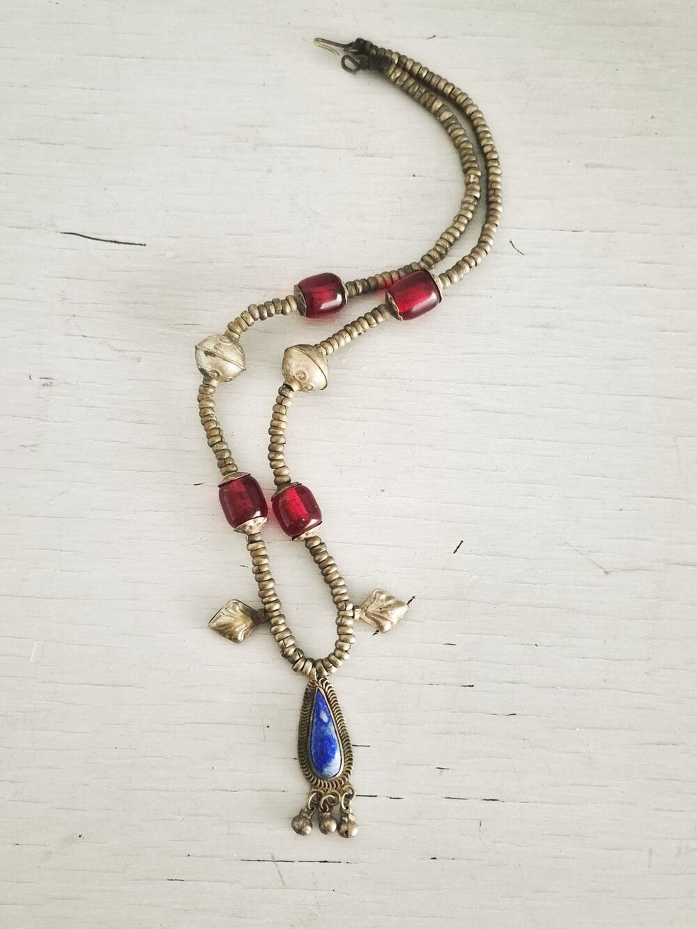 Vintage Turkoman Afghan Lapis Luzli Pendant and Cherry Amber Bead Necklace